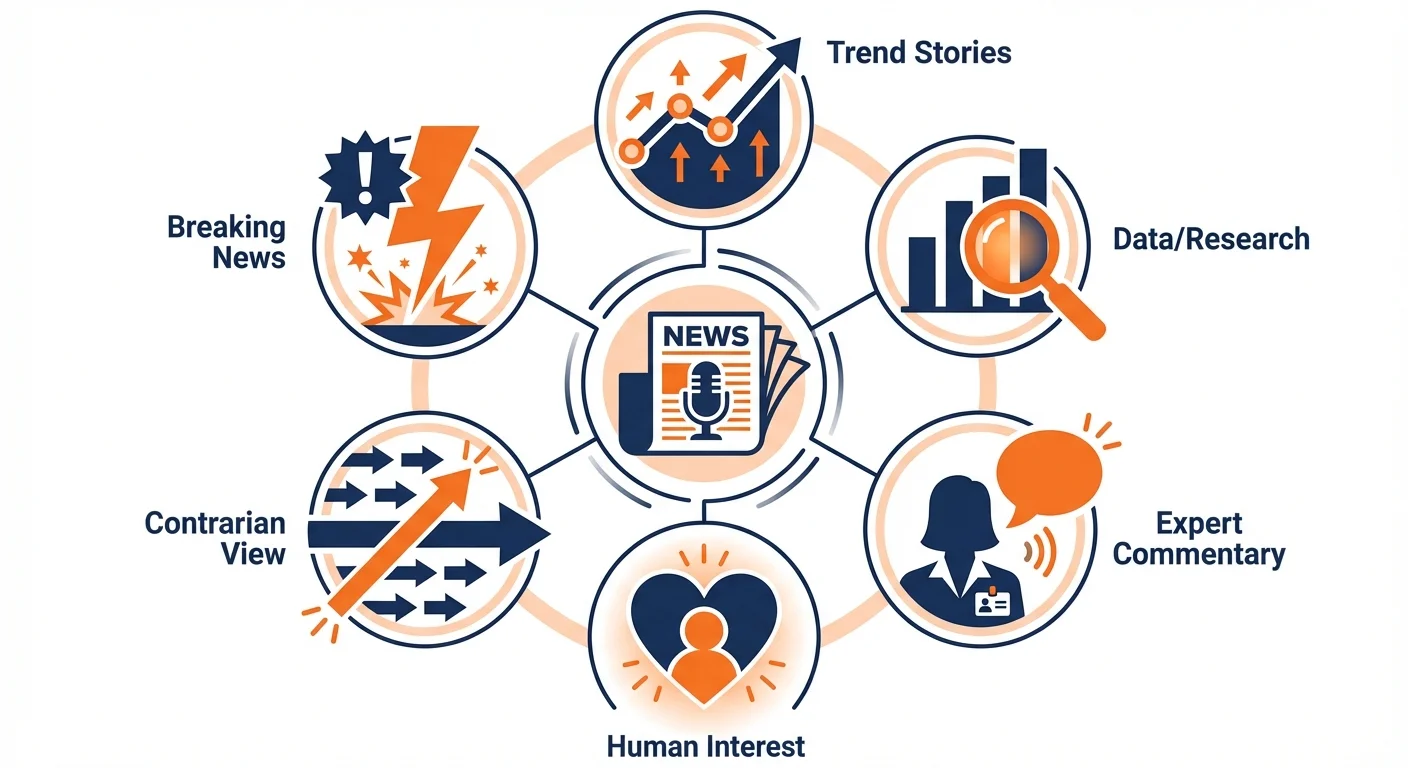 Media story angle types including trend stories, data research, expert commentary, and breaking news