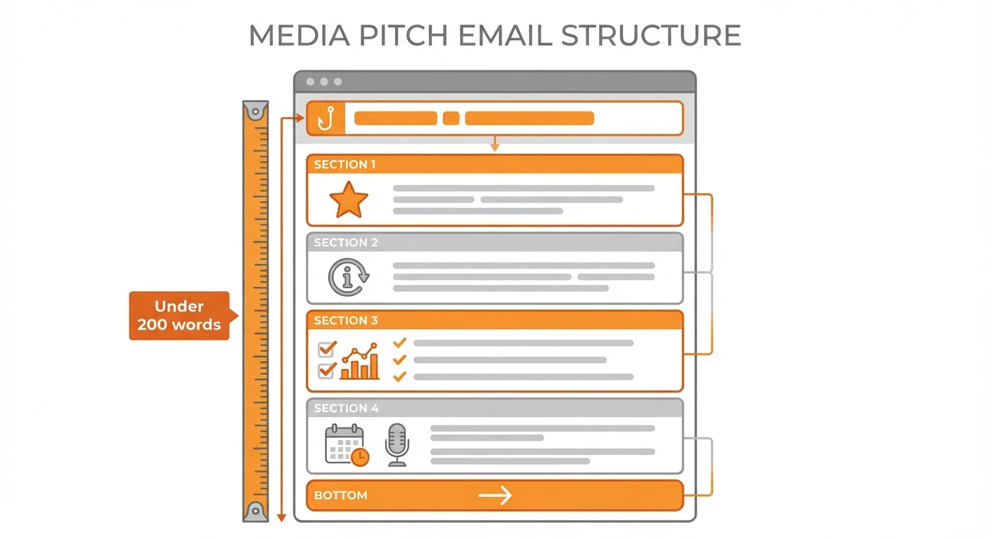 Media pitch email structure showing subject line, opening, context, proof points, and call to action