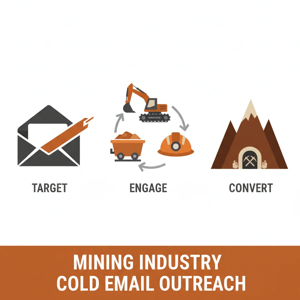 Professional infographic showing cold email outreach for mining industry with excavator and mountain icons