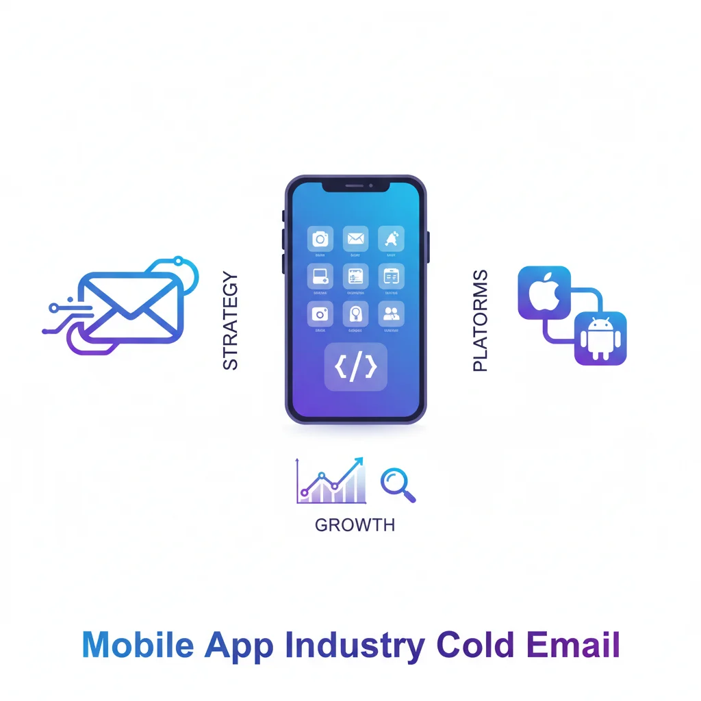 Modern tech infographic showing cold email strategy for mobile app companies with smartphone and platform icons