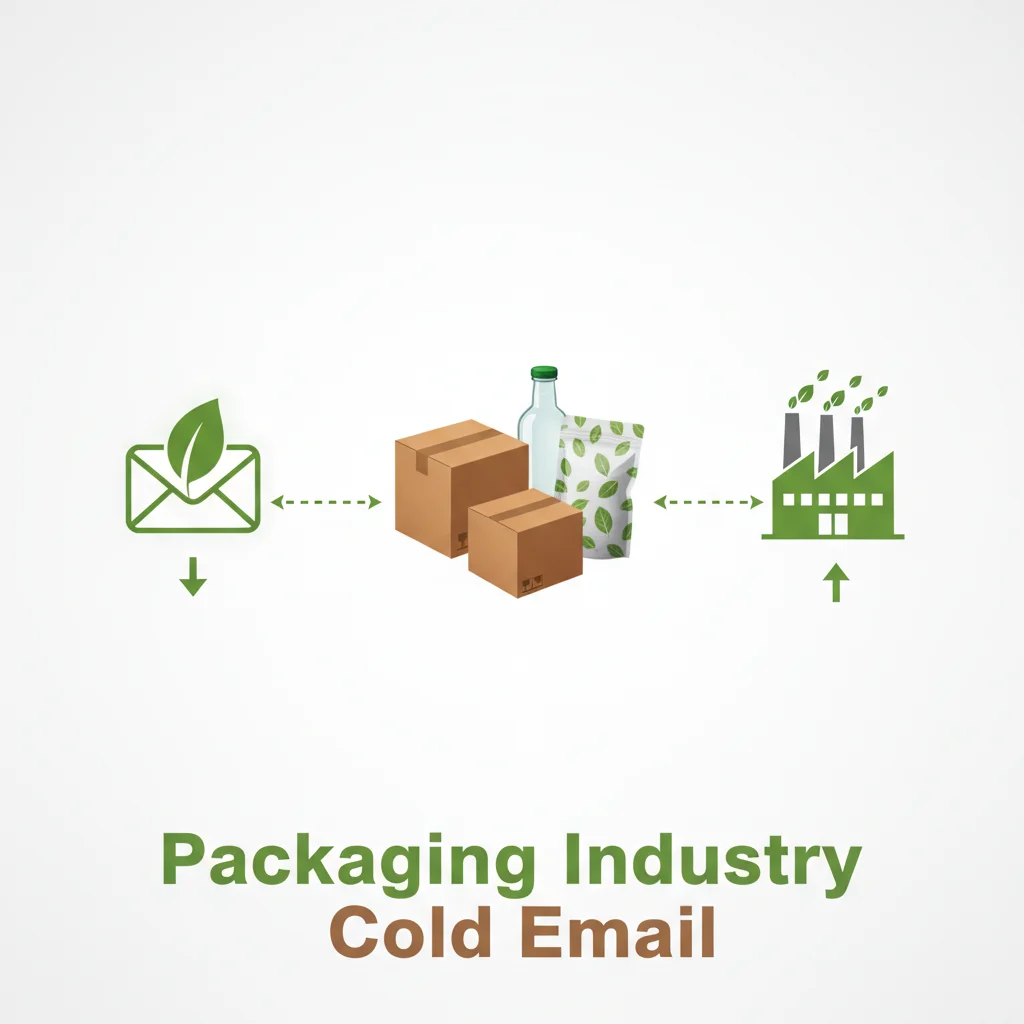 Professional infographic showing cold email for packaging companies with box, bottle, and sustainability icons