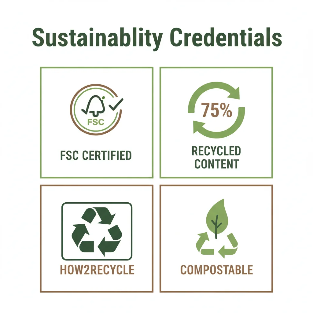Key sustainability credentials for packaging: FSC Certified, Recycled Content, How2Recycle, and Compostable certifications