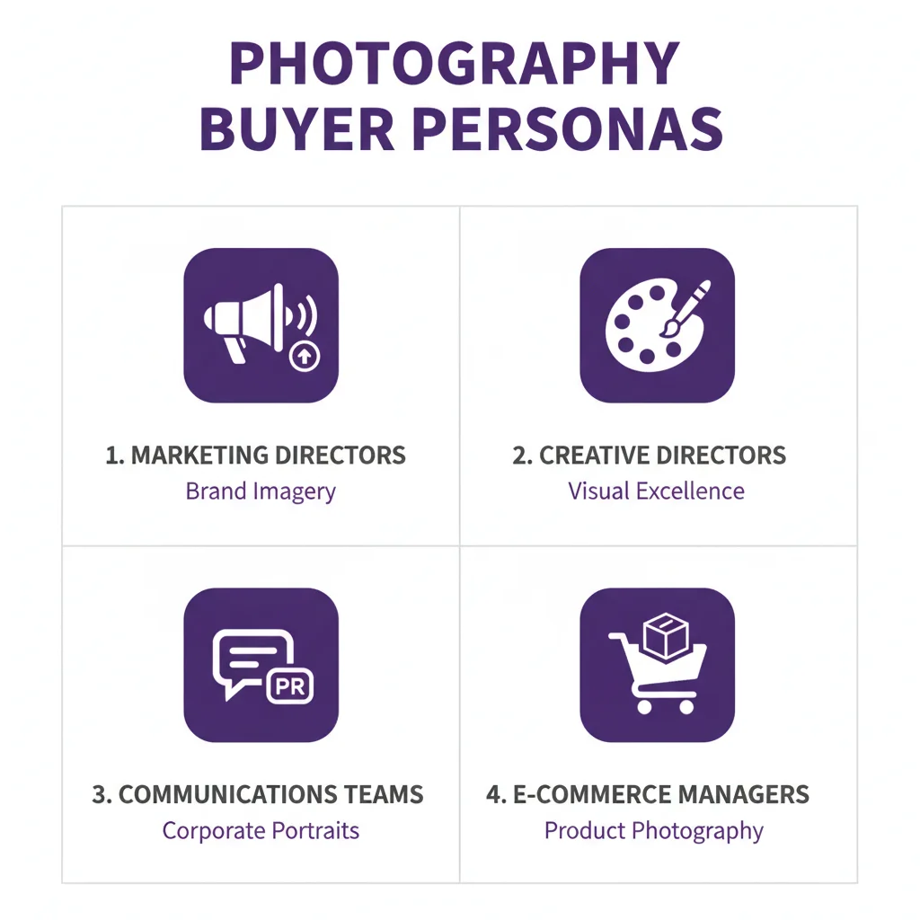 Four key photography buyer personas: Marketing Directors, Creative Directors, Communications Teams, and E-commerce Managers