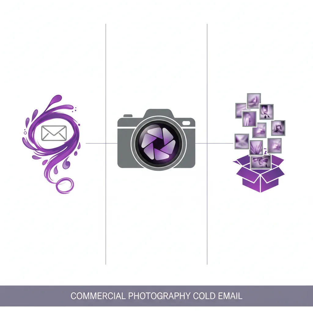 Creative infographic showing cold email for commercial photography with camera and portfolio icons