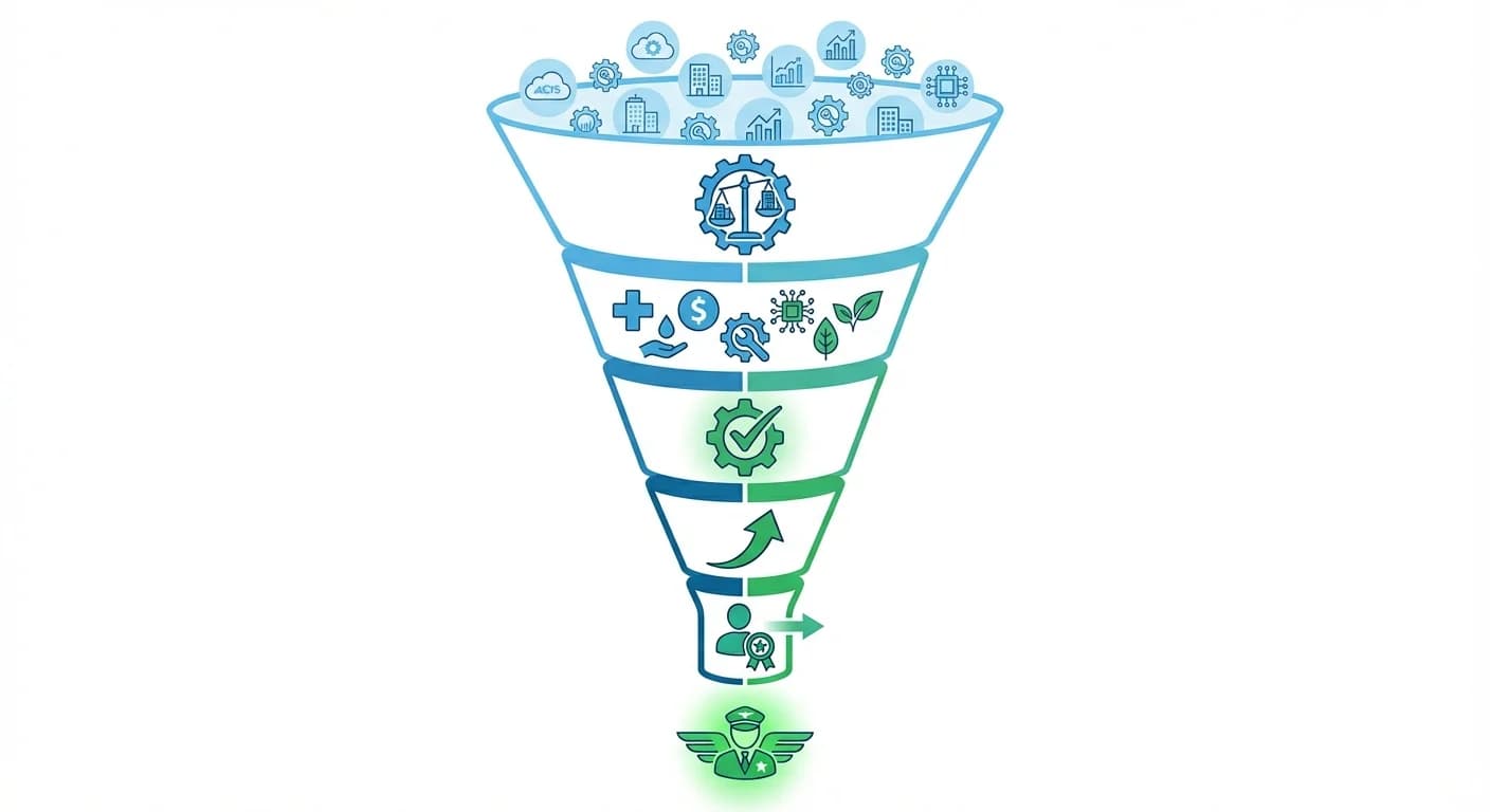 Ideal pilot participant criteria showing qualification funnel from company size to decision maker