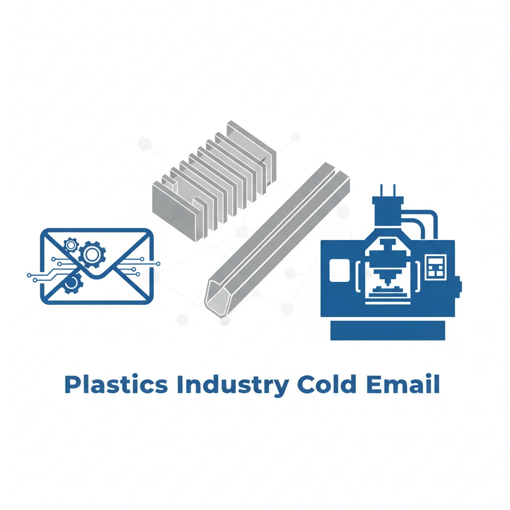 Professional infographic showing cold email for plastics manufacturing with injection mold and part icons