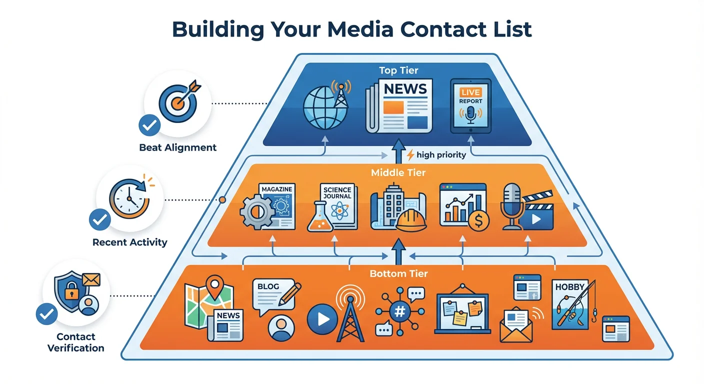 Building your media contact list showing tiered approach with major outlets, industry publications, and regional media