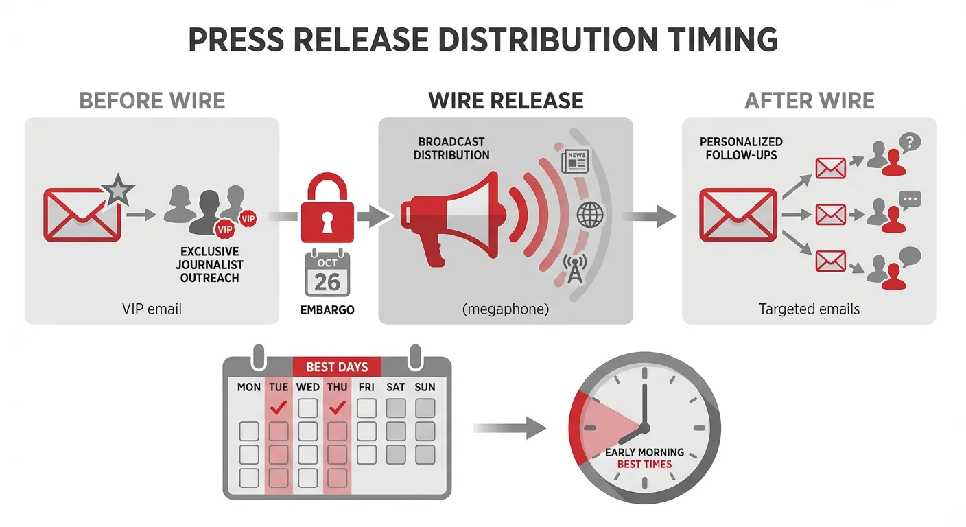 Press release distribution timing showing before wire, wire release, and after wire coordination