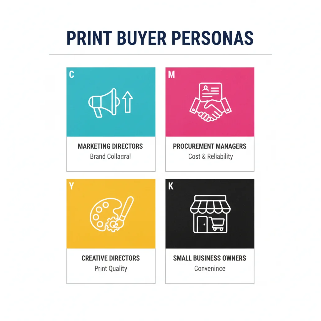 Four key print buyer personas: Marketing Directors, Procurement Managers, Creative Directors, and Small Business Owners