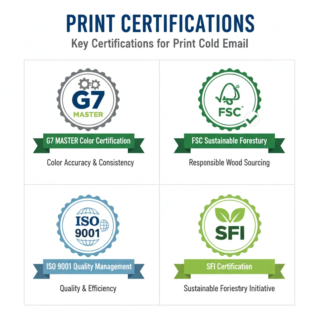 Key print certifications: G7 Master, FSC, ISO 9001, and SFI certification badges