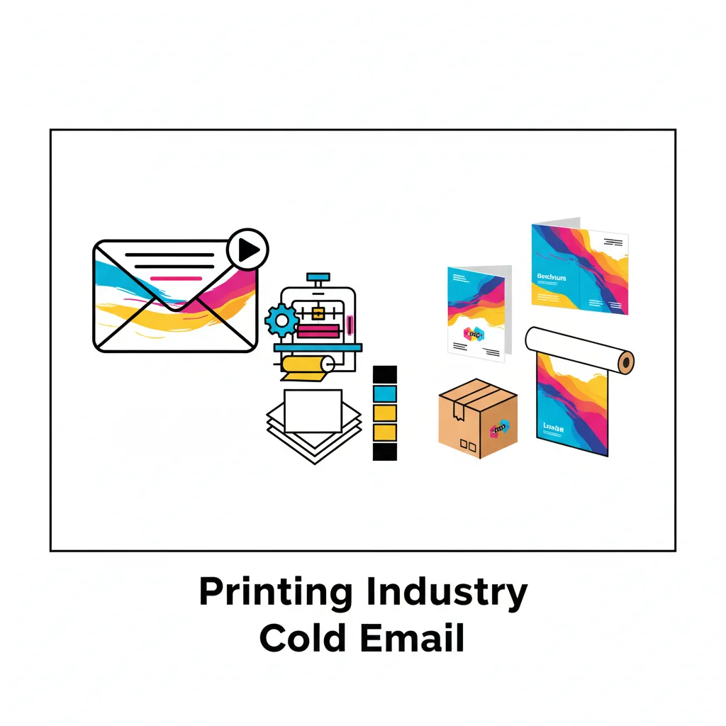 Professional infographic showing cold email for printing companies with CMYK colors and press icons