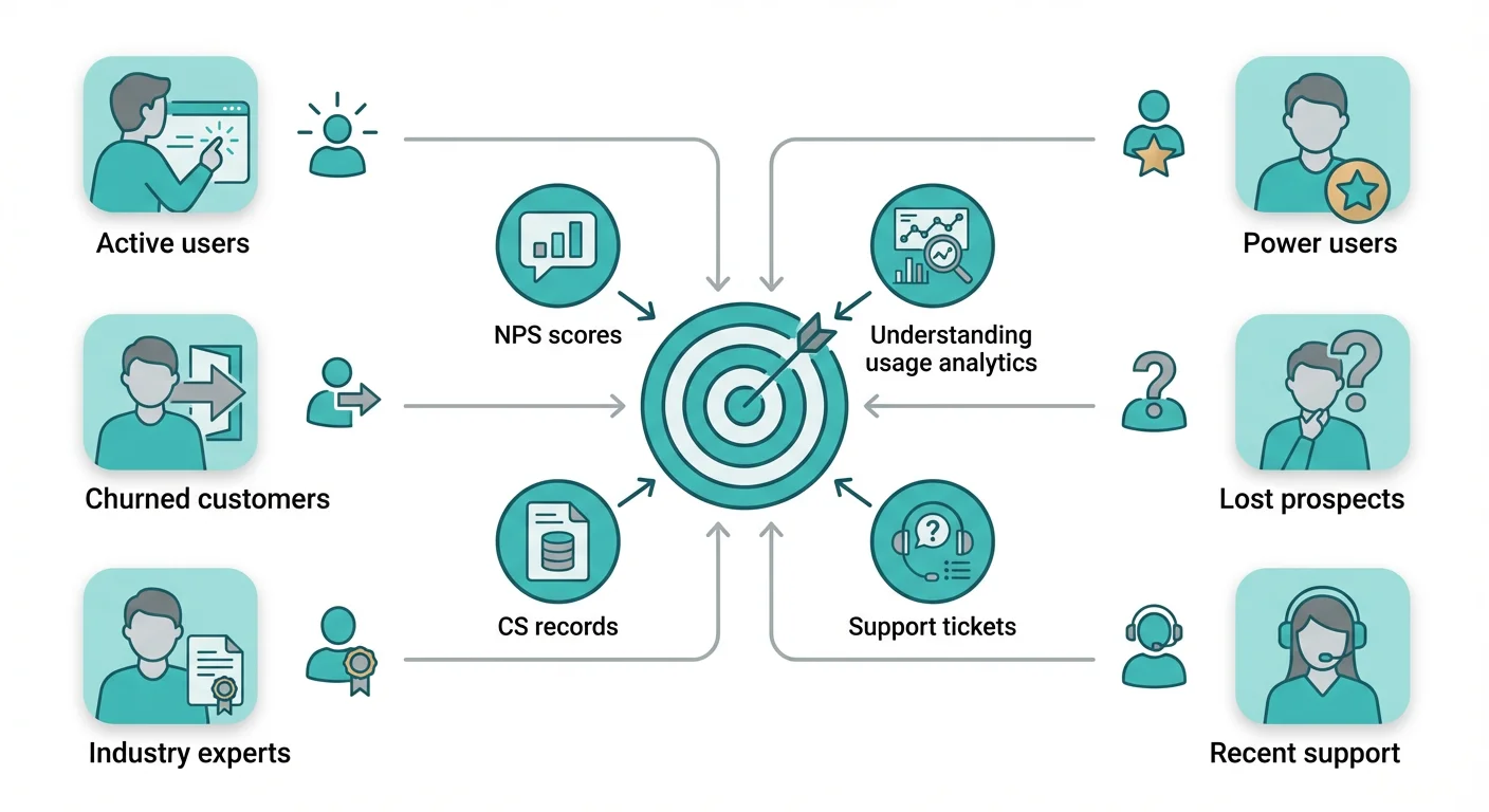 Finding feedback sources showing different user segments from active users to industry experts