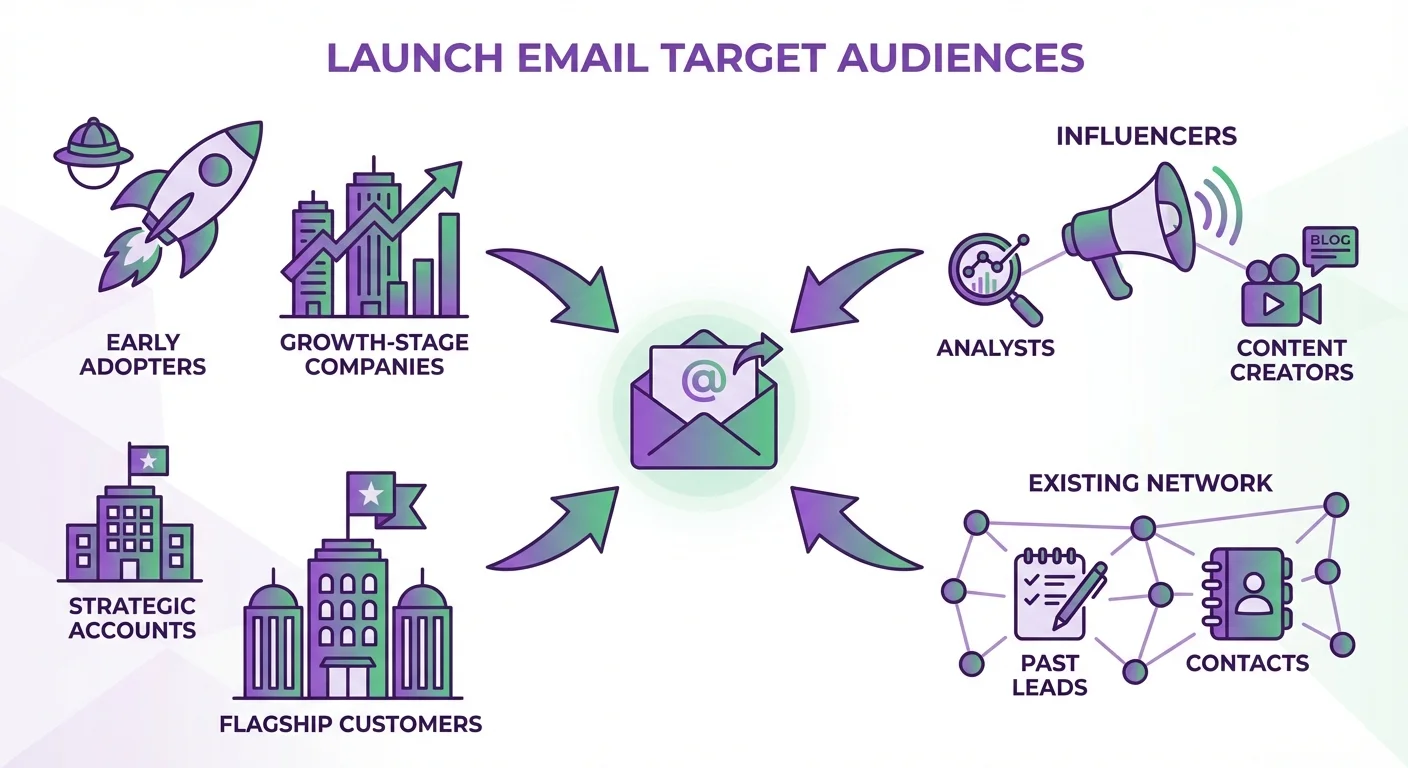 Launch email target audiences showing early adopters, influencers, strategic accounts, and existing network