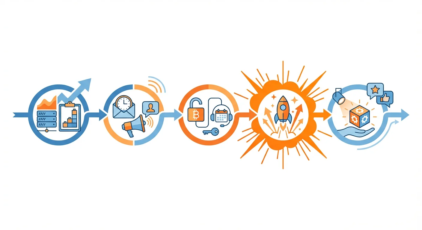 Illustrated product launch timeline in five stages: research and planning, announcement, early access, launch, then availability and customer feedback