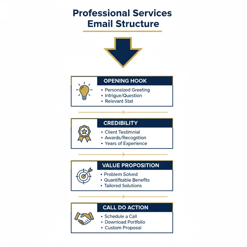 Professional services email structure: Opening Hook, Credibility, Value Proposition, and Call to Action