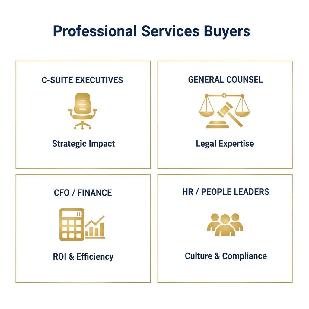 Four key professional services buyers: C-Suite Executives, General Counsel, CFO/Finance, and HR/People Leaders