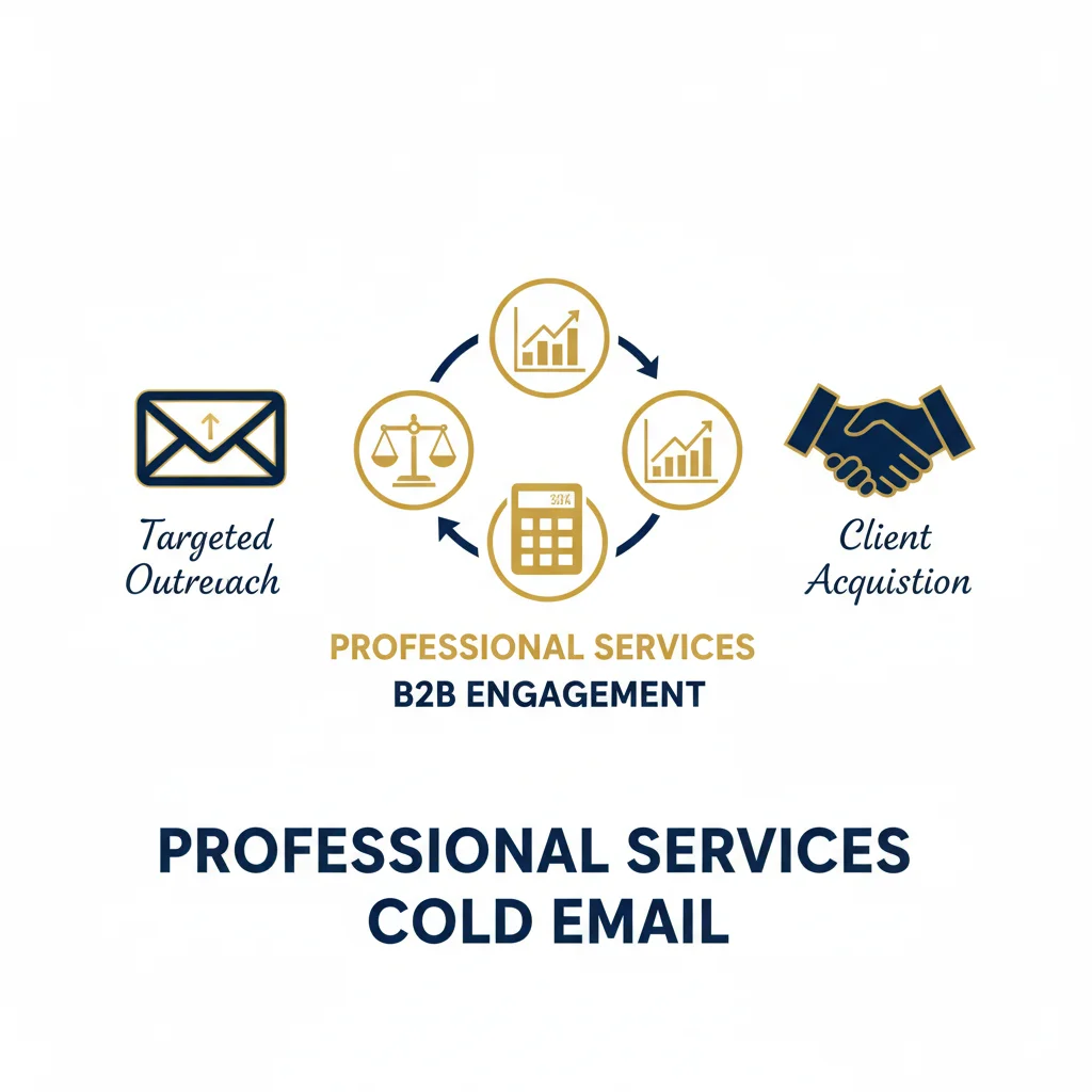 Sophisticated infographic showing cold email for professional services with law, accounting, and consulting icons