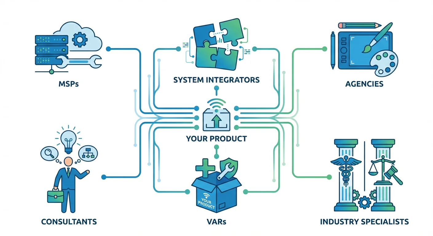 Types of reseller partners including MSPs, system integrators, agencies, consultants, VARs, and industry specialists