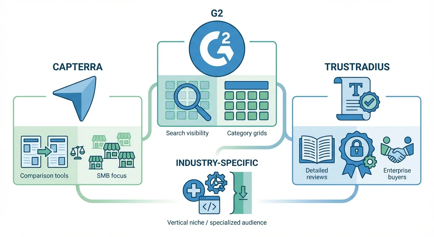 B2B review platforms comparison showing G2, Capterra, TrustRadius, and industry-specific platforms