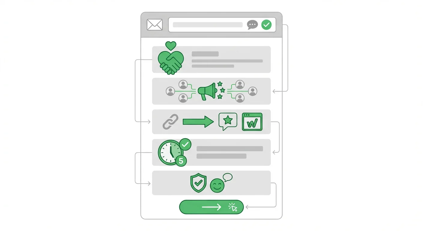 Review request email anatomy showing appreciation, context, platform direction, simplicity, and call to action