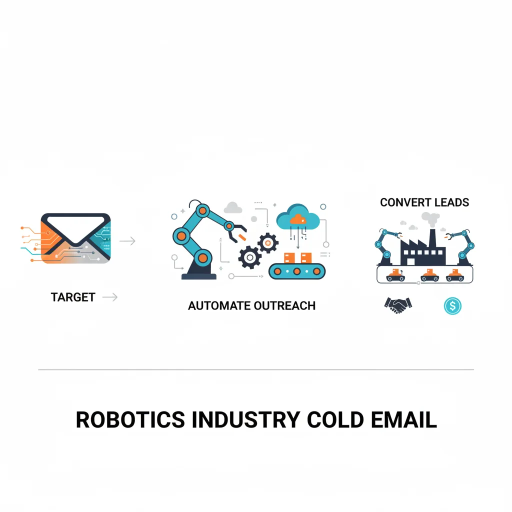 Modern technical infographic showing cold email for robotics companies with robot arm and automation icons