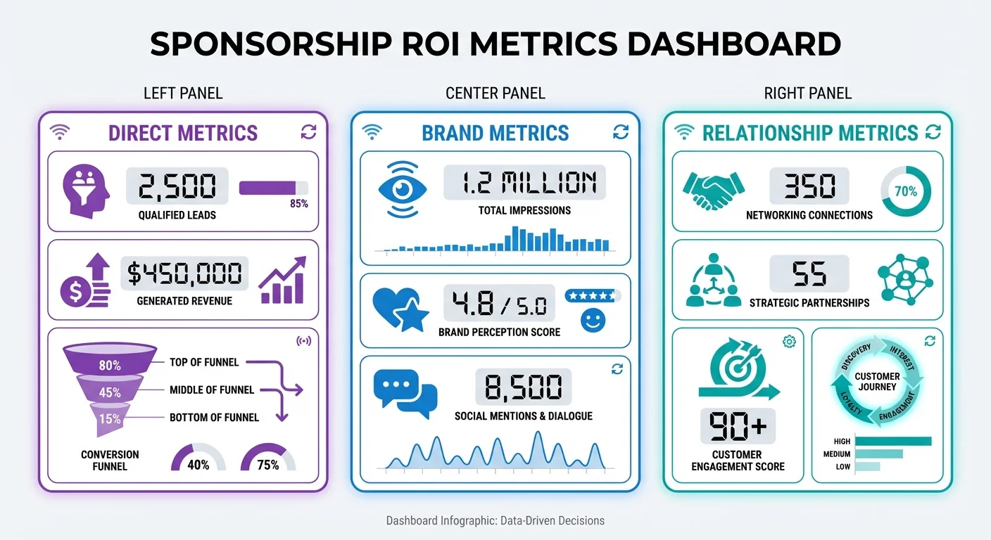 Dashboard infographic showing three categories of sponsorship ROI metrics: direct metrics, brand metrics, and relationship metrics