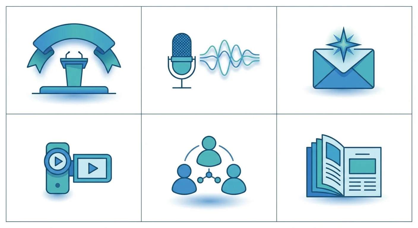Infographic showing six types of sponsorship opportunities including events, podcasts, newsletters, content creators, communities, and publications