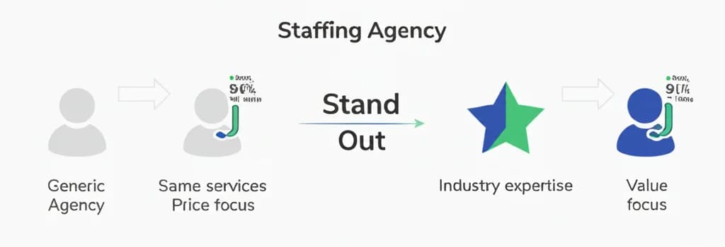 Staffing agency differentiation showing specialized vs generic approach with key metrics