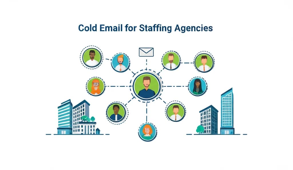 Cold email guide for staffing agencies showing talent network and company connections