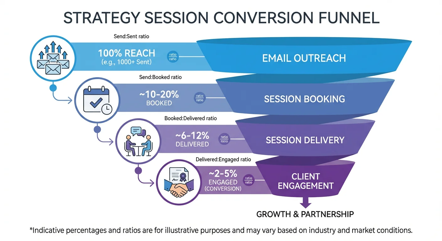 Funnel infographic showing strategy session conversion stages from email outreach to session booking to session delivery to client engagement
