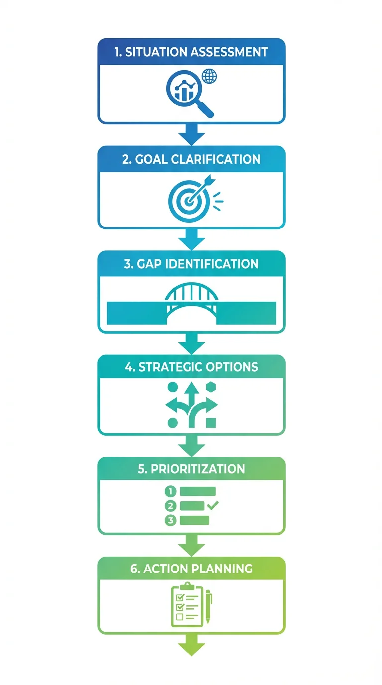 Infographic showing the six components of an effective strategy session: situation assessment, goal clarification, gap identification, strategic options, prioritization, and action planning