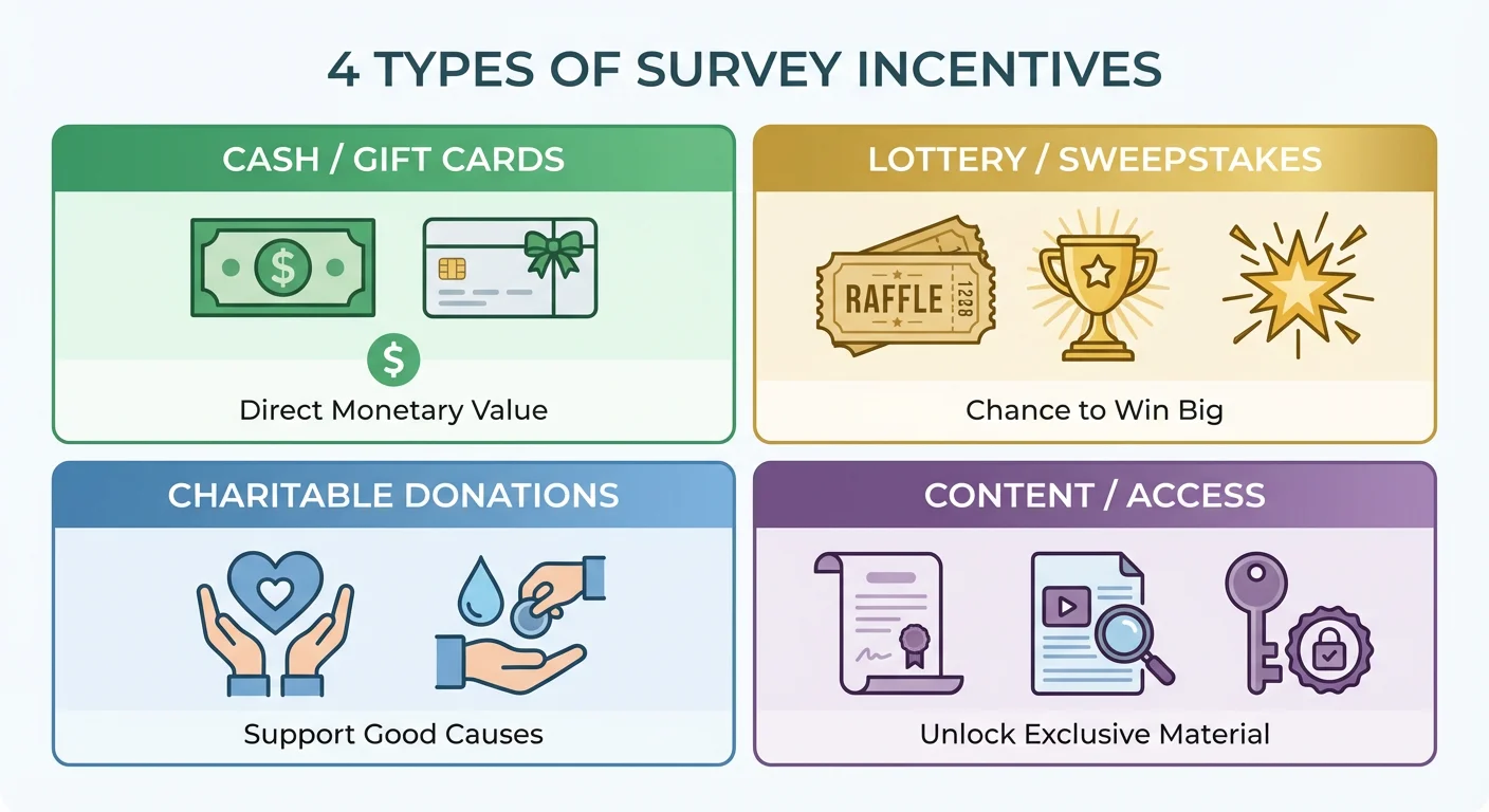 Infographic showing four types of survey incentives: cash and gift cards, lottery sweepstakes, charitable donations, and content access