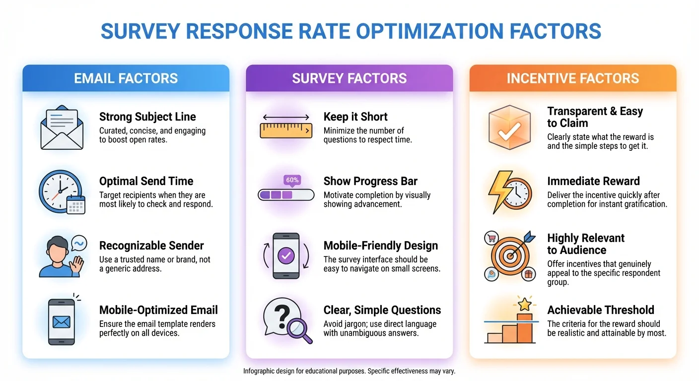 Infographic showing survey response rate optimization factors across three categories: email factors, survey factors, and incentive factors