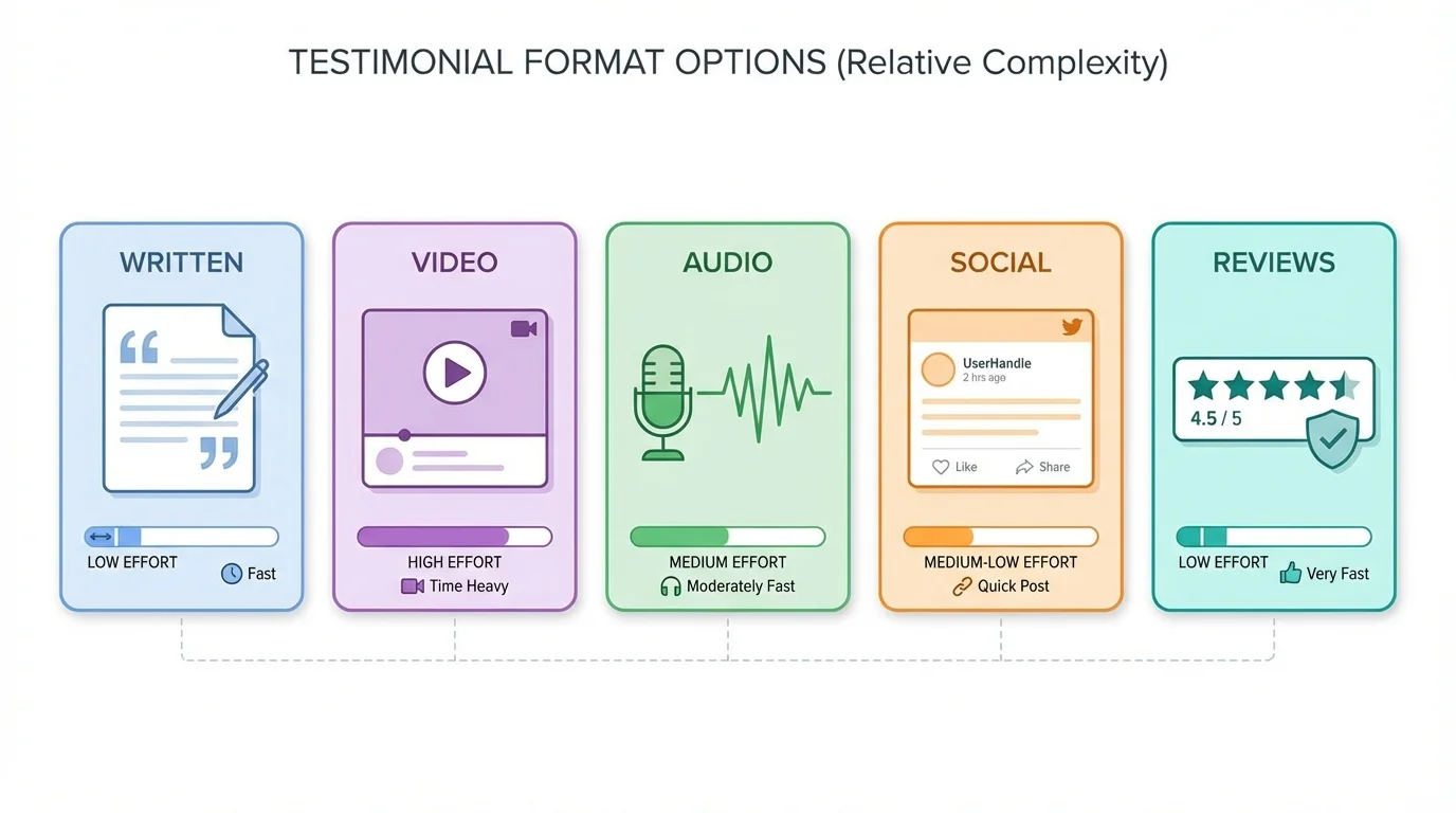 Infographic showing five testimonial format options: written, video, audio, social media, and structured reviews