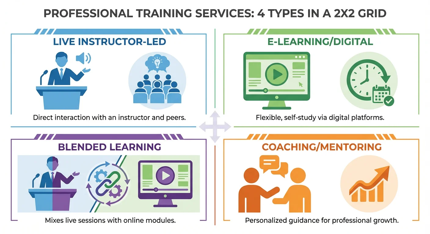Infographic showing four types of training services: live instructor-led, e-learning digital, blended learning, and coaching mentoring