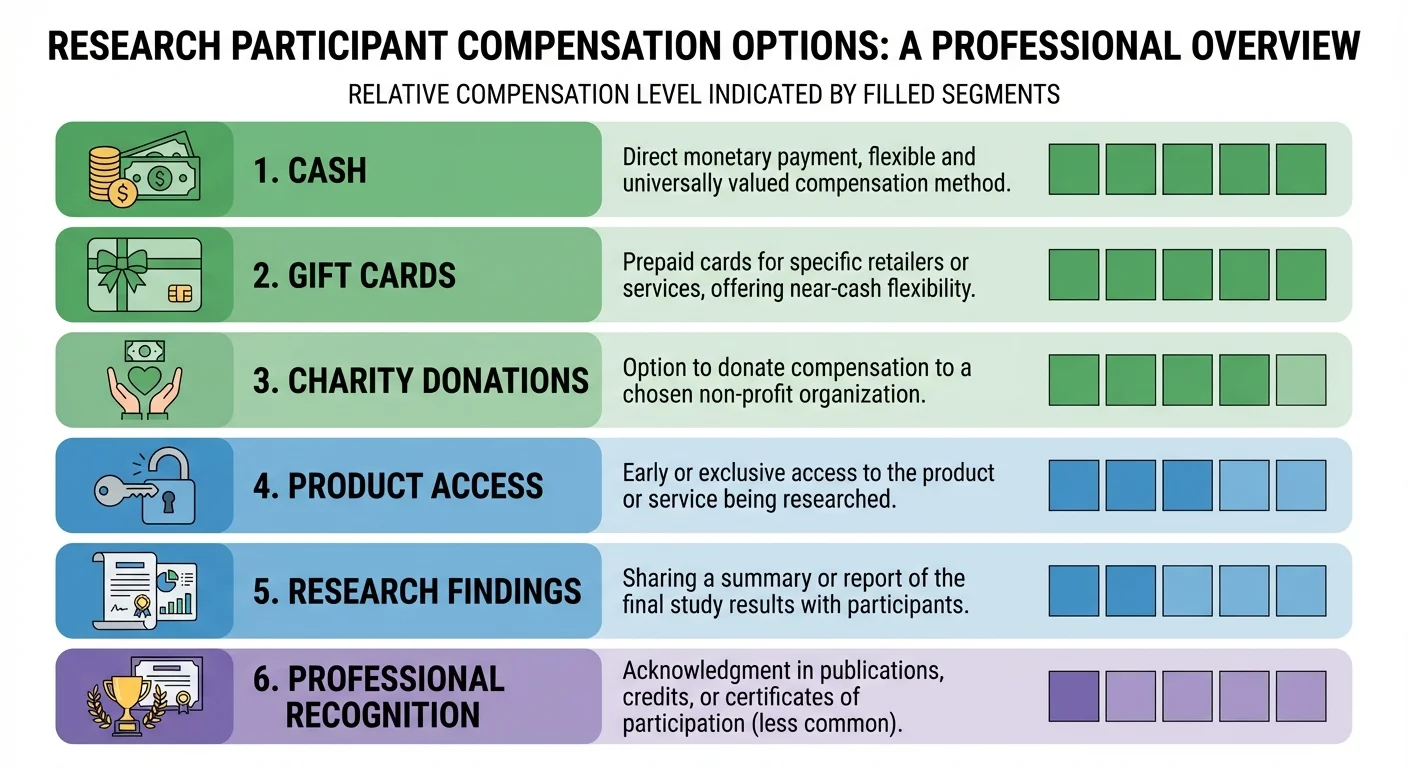 Infographic showing research participant compensation options: cash, gift cards, charity donations, product access, research findings, and professional recognition