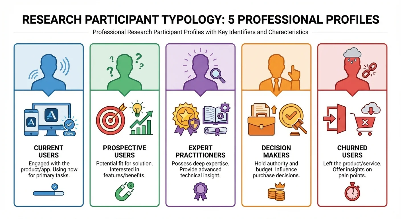 Infographic showing five types of research participant profiles: current users, prospective users, expert practitioners, decision makers, and churned users