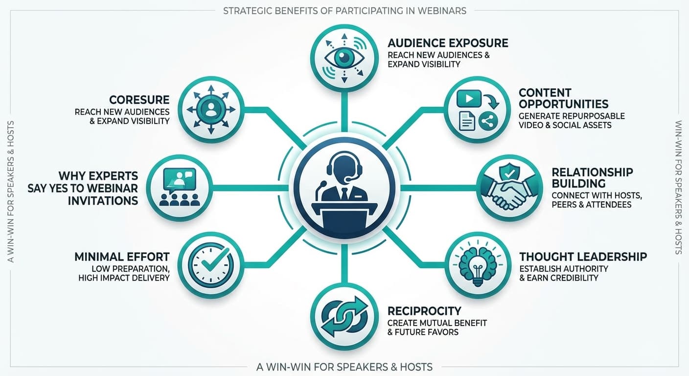Benefits that motivate experts to say yes to webinar invitations: audience exposure, content opportunities, relationship building, thought leadership, minimal effort, and reciprocity