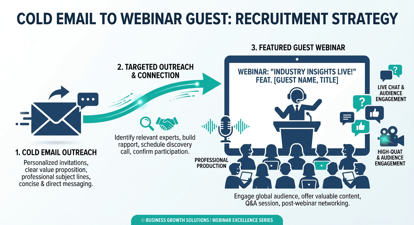 Cold email for webinar guest recruitment showing outreach connecting to featured speaker on webinar stage