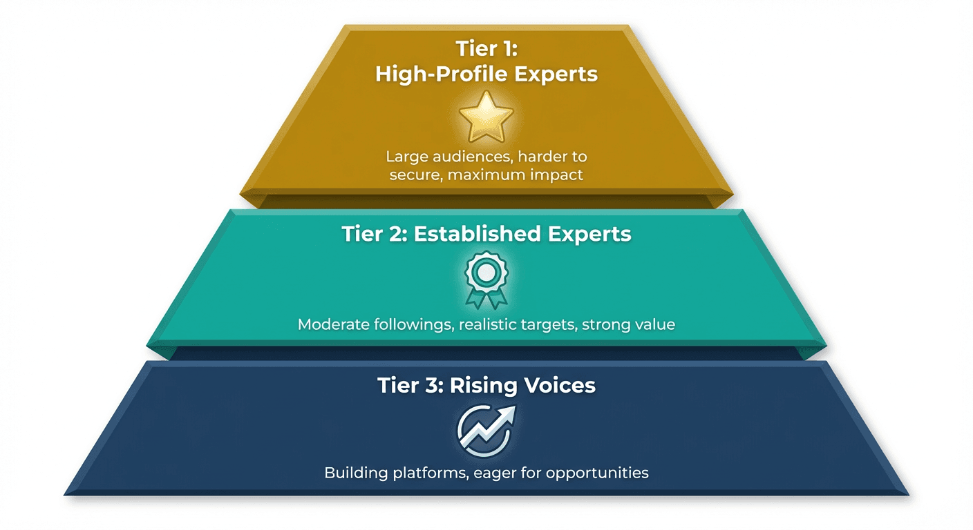 Tiered guest pipeline pyramid showing Tier 1 high-profile experts at top, Tier 2 established experts in middle, and Tier 3 rising voices at bottom