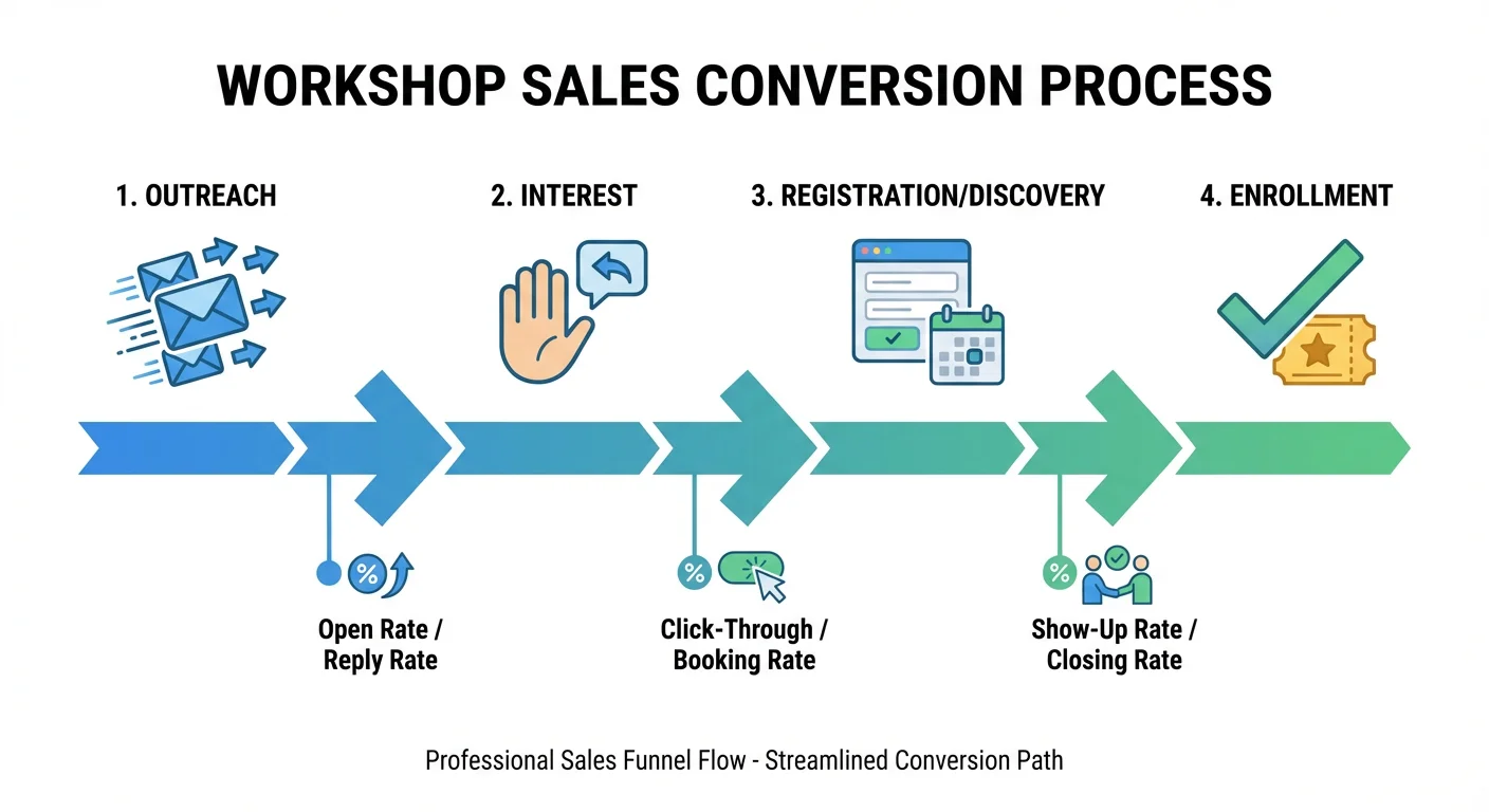Flow diagram infographic showing workshop sales conversion process from outreach to interest to registration to enrollment