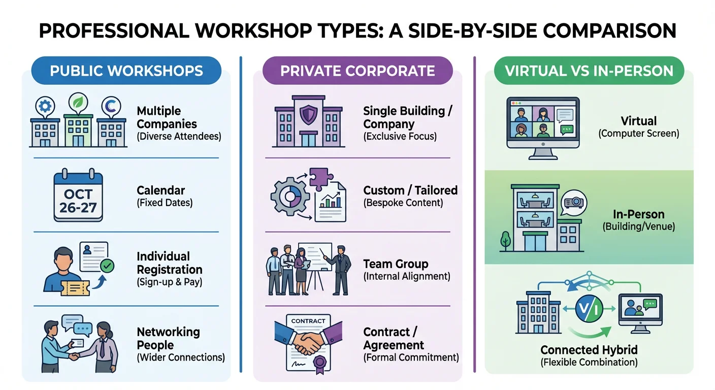 Infographic comparing three workshop types: public workshops, private corporate workshops, and virtual versus in-person formats
