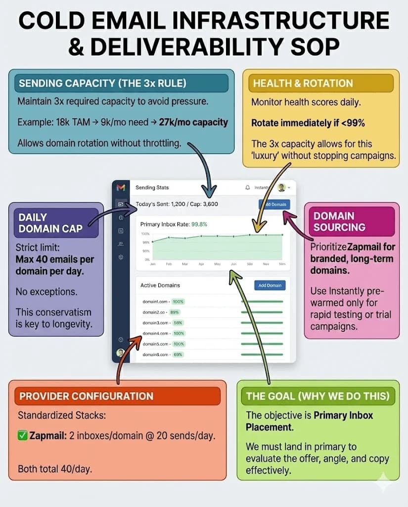 Cold email infrastructure and deliverability SOP infographic showing 3x sending capacity rules, domain caps, and health monitoring