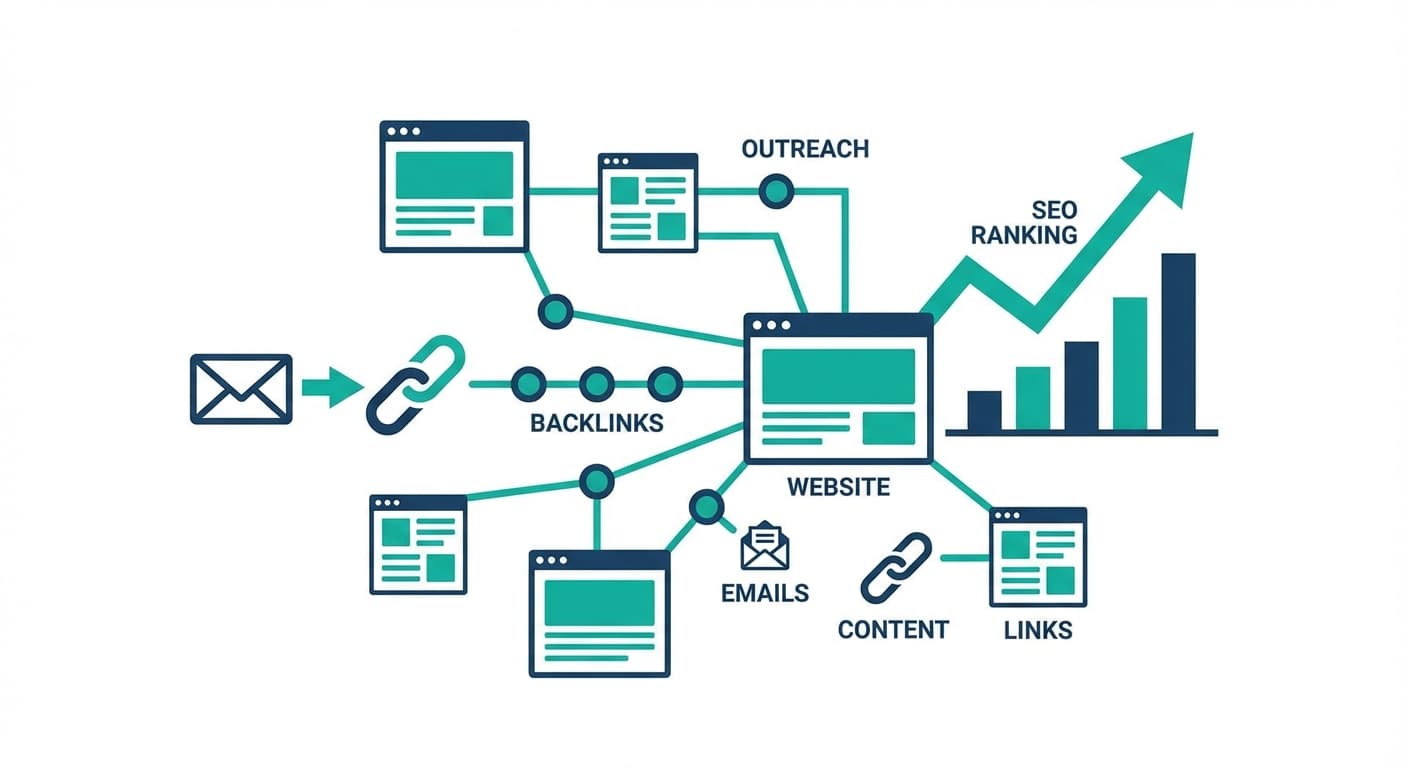 Outreach emails earning backlinks from a network of web pages to one site, with SEO ranking rising on a bar chart