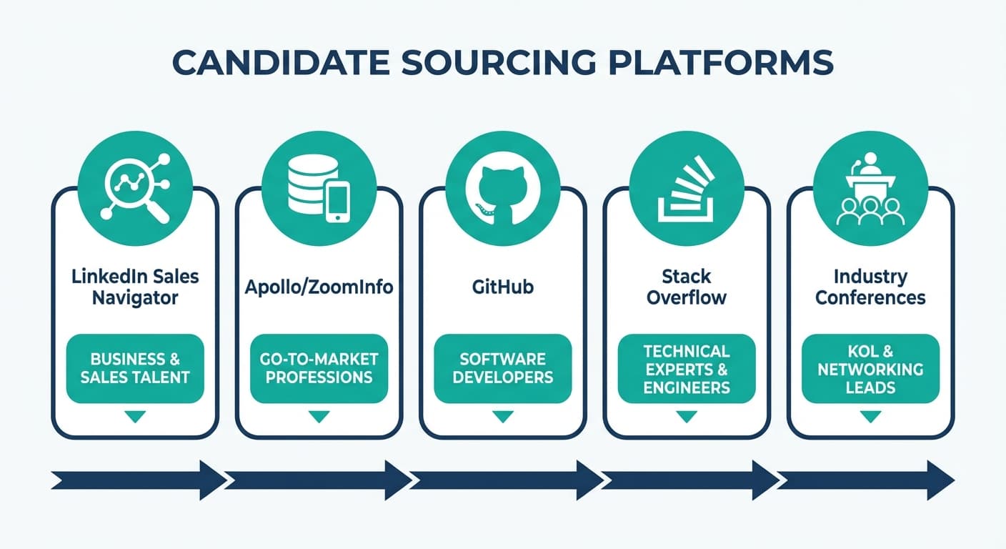 Candidate sourcing platforms: Sales Navigator, Apollo and ZoomInfo, GitHub, Stack Overflow, conferences