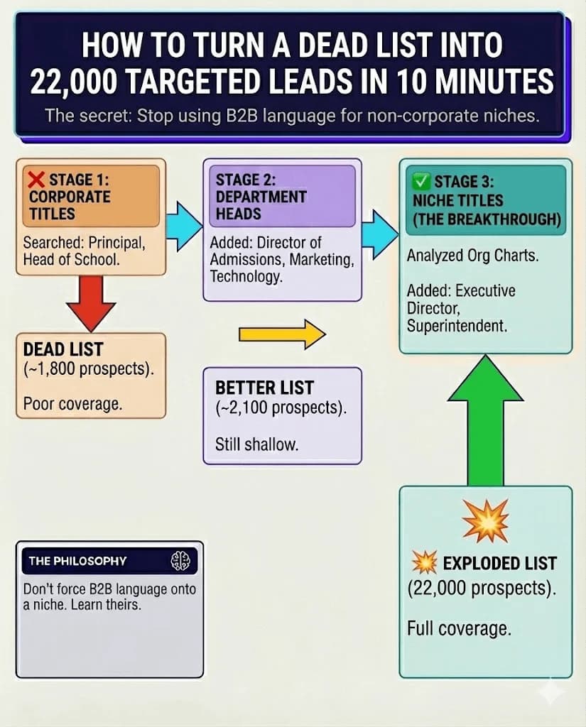 Three-stage workflow showing how corporate titles fail in niche industries and how learning industry-specific titles explodes your lead list