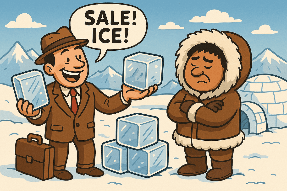 Illustration of a salesman trying to sell ice to an Eskimo in the arctic, representing the futility of clever sales tactics with a weak offer