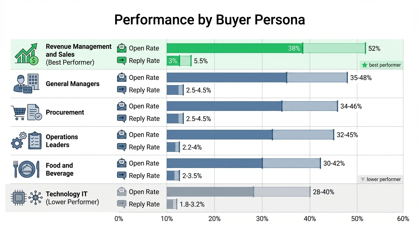 Hospitality cold email performance by buyer persona showing Revenue Management at top and IT Leadership lowest