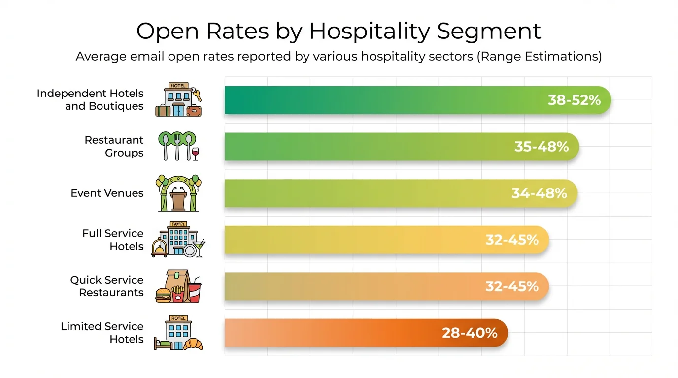 Hospitality open rates by segment showing Independent Hotels at 38-52% and Limited Service at 28-40%