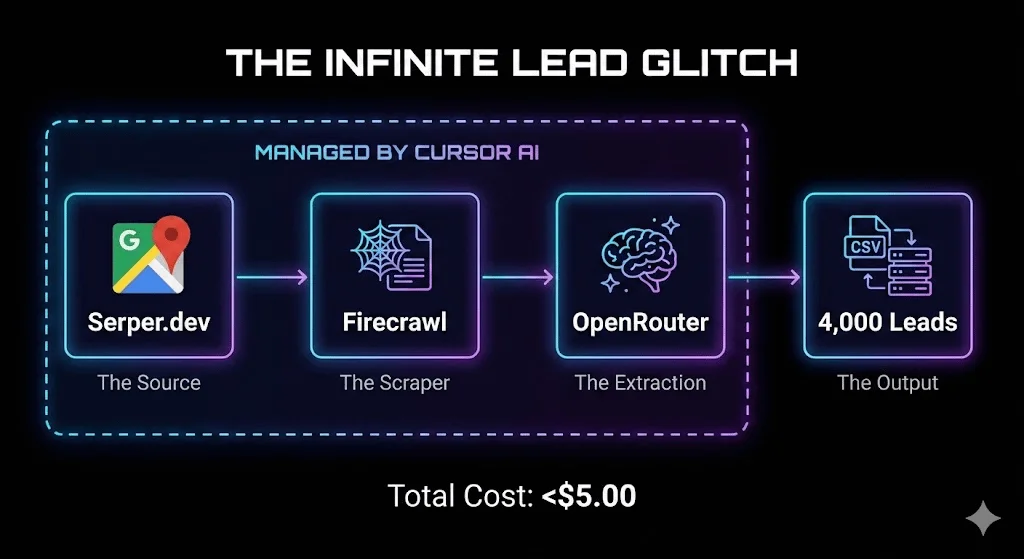 The Infinite Lead Glitch pipeline showing Serper.dev, Firecrawl, and OpenRouter working together in Cursor AI to generate thousands of leads